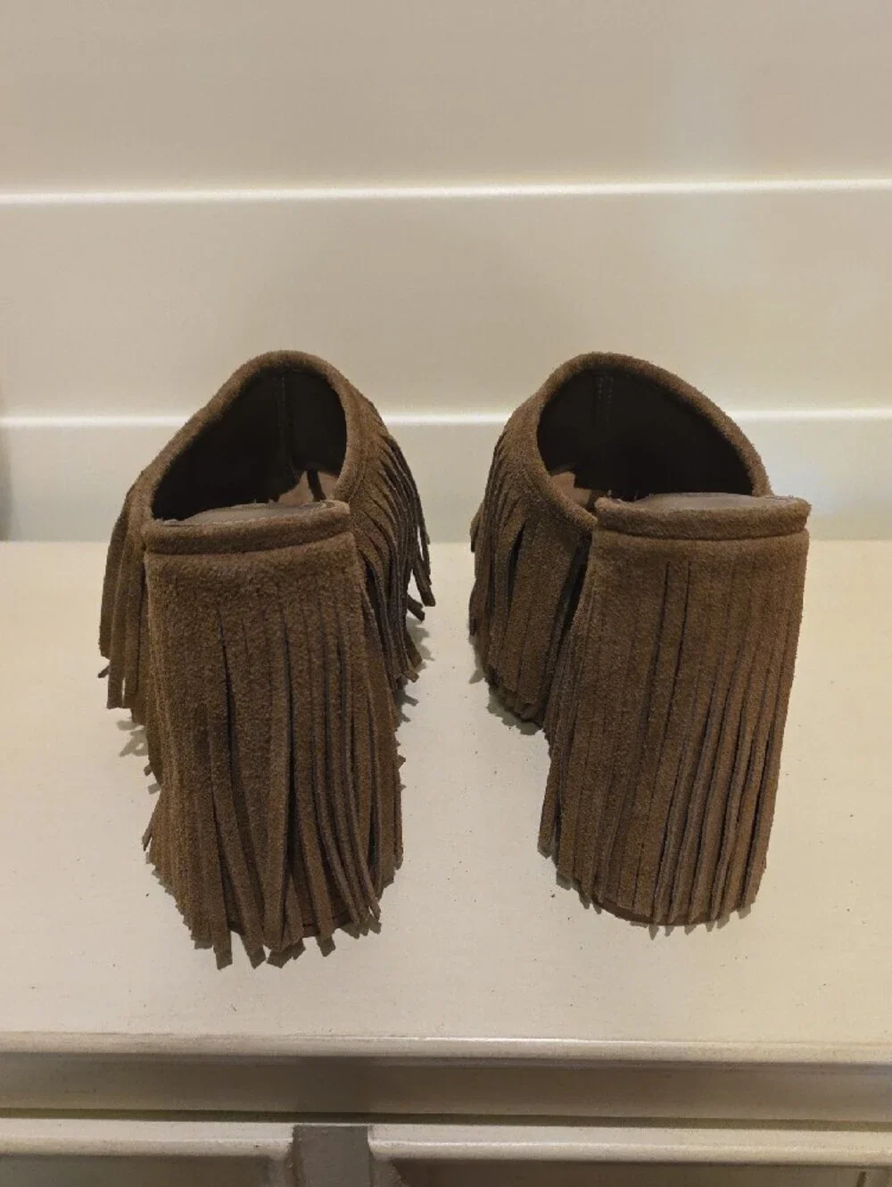 New Brown Suede Fringe Platform Mules
